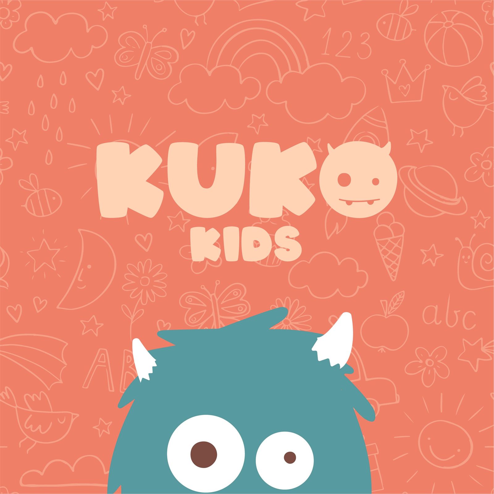 Pieza de Kuko Kids: el logotipo sobre un fondo de dibujos infantiles y el personaje asomándose