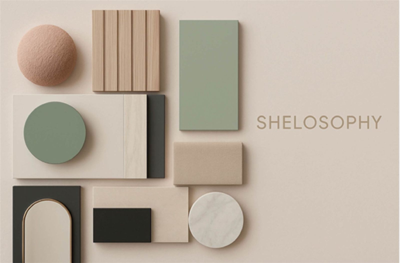 Moodboard de materiales de Shelosophy en tonos rosa, verde salvia y madera clara